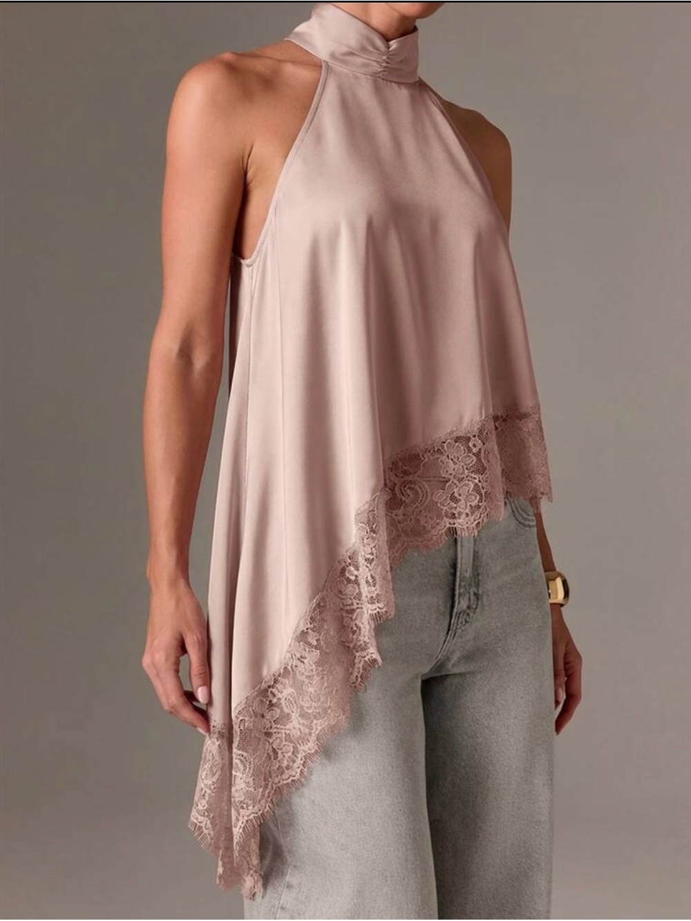 High-Neck Lace Hem Satin Cami in Dusty Rose